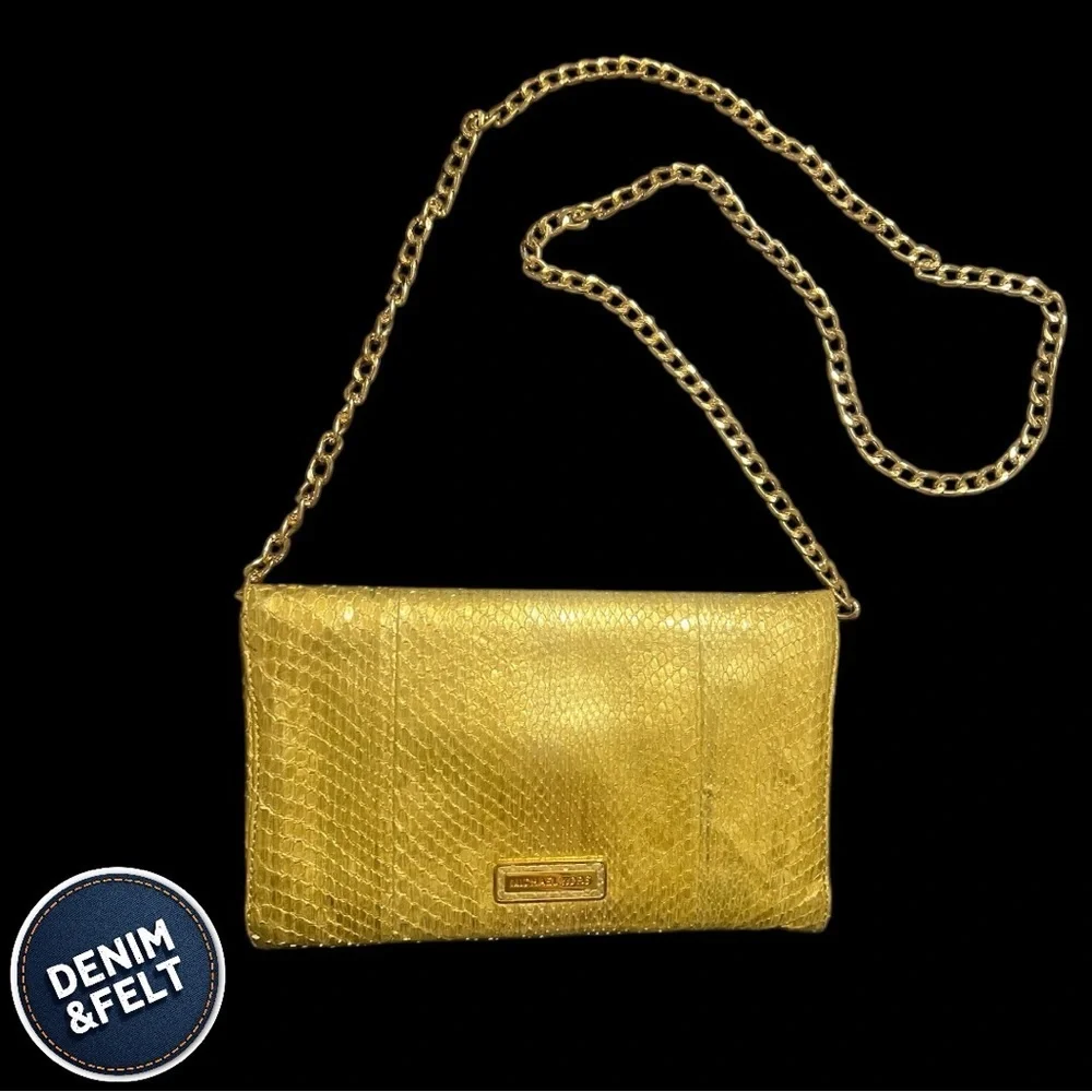 Michael Kors Womens Gold Embossed Reptile Skin Envelope Clutch Bag/Crossbody 🐍 - Picture 12 of 14